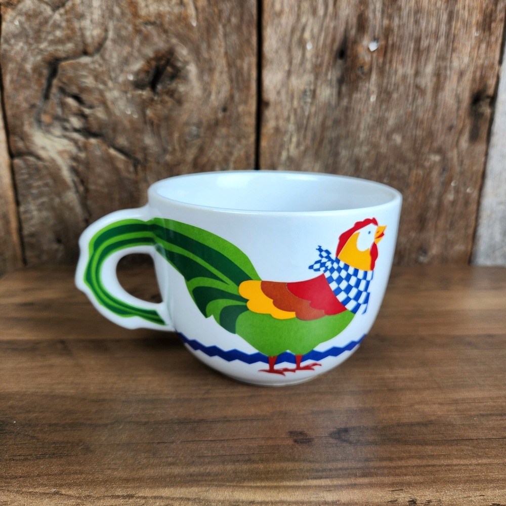 Vintage FTD Rooster Ceramic Coffee Mug Scalloped Handle Farmhouse Decor White